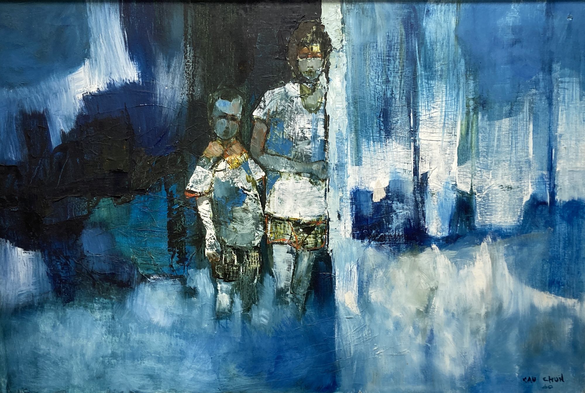 Kau Chun, oil on canvas, Figures in a stylised landscape, signed, 60 x 91cm